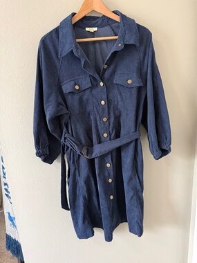 Kori Navy Blue Midi Shirt Dress with Belt